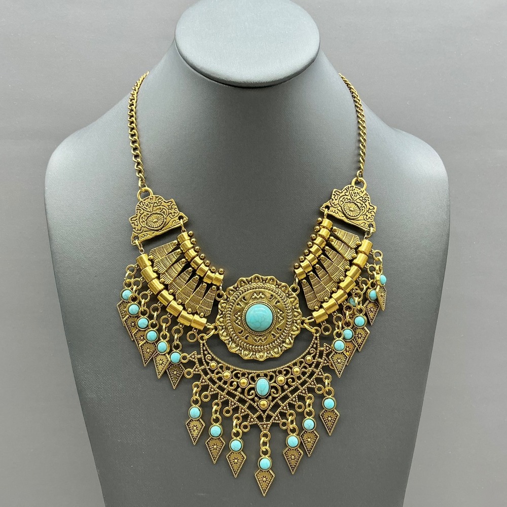 Statement Bib Necklace Women Gold Tone Faux Turquoise Tribal Boho Ethnic Jewelry